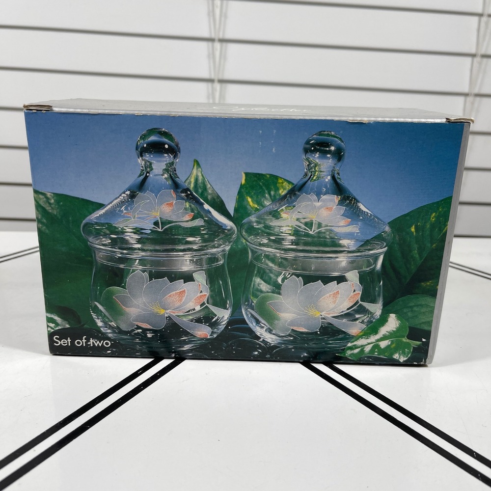 VTG Pasabahce Turkey Set of 2 Glass Candy Dish Jar Lotus Flower Lid